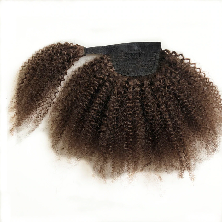 # 4 Brown Afro Curly Wrap Around Ponytail Extensions de cheveux humains Postiche 