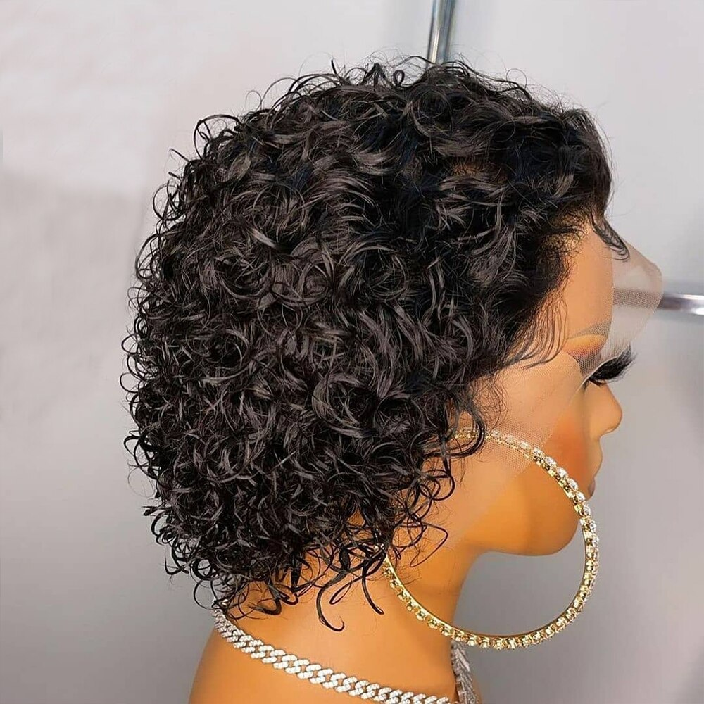 Perucas de cabelo humano preto natural 13×1 rendas curtas encaracoladas com corte pixie para mulheres negras 