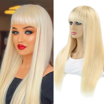 613 Blonde Straight Full Machine Made None Lace Front Wigs With Bangs For Women 12-24 Inches