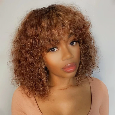 Caramel 1B/30 Kinky Curly Bob Wig With Bangs None Lace