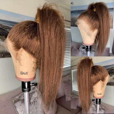 #4 Brown Kinky Straight Glueless Lace Frontal / Closure Human Hair Wigs Ready to Wear For Black Women