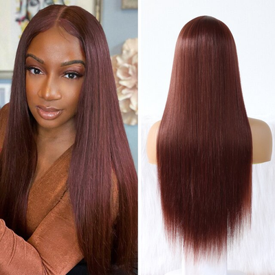 #33 Red Brown High Quality Straight 13x4 Frontal Transparent Lace Wigs Natural Hairline Human Hair Glueless Wig