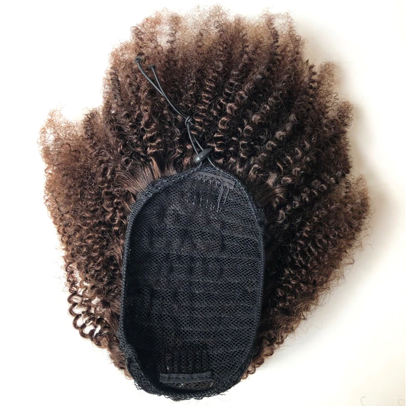 # 2 Extensions de cheveux humains en queue de cheval avec cordon de serrage afro bouclés brun foncé 