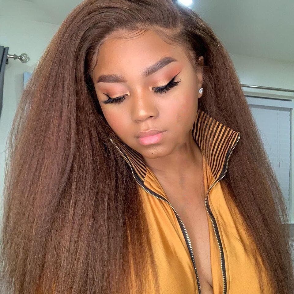#4 Brown Kinky Straight Glueless Lace Frontal / Closure Human Hair Wigs Ready to Wear For Black Women