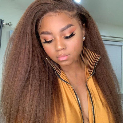 #4 Brown Kinky Straight Glueless Lace Frontal / Closure Human Hair Wigs Ready to Wear For Black Women