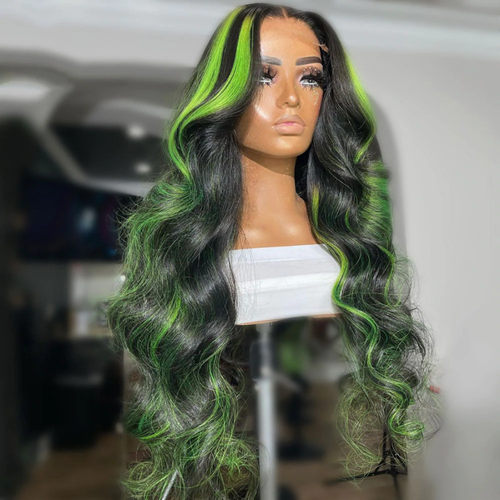 Peruca de cabelo humano verde preto destaque onda frente renda 