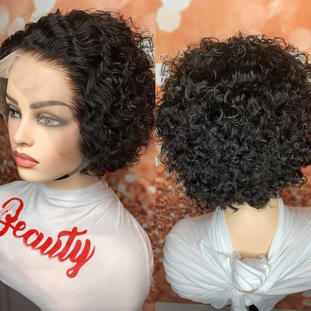 Perucas de cabelo humano preto natural 13×1 rendas curtas encaracoladas com corte pixie para mulheres negras 