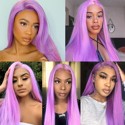 Light Purple Straight Lace Front / Closure Human Hair Wig With Baby Hairlosure