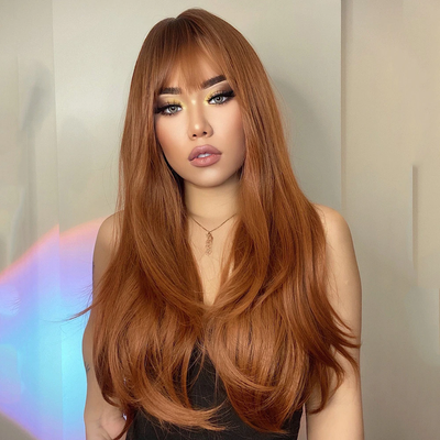 Straight Hair #30 Brown Machine Made None Lace Front Wig With Bangs Virgin Human Hair Wigs