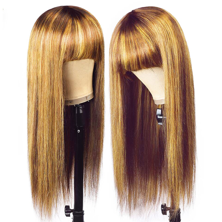 P4/27 Straight No Lace Full Machine Human Hair Wig With Bangs