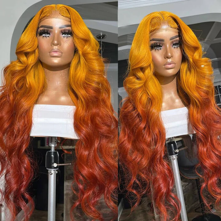 Body Wave Jaune Orange Ombre Couleur 4x4/13x4 HD Lace Front Wig pour femmes Préplumé 150%/180% Densité 