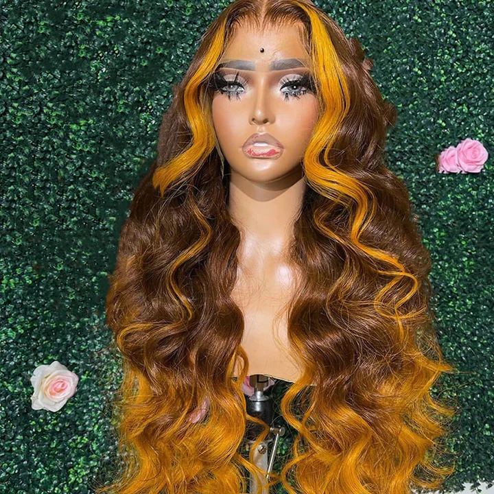T2/Yellow Highlight Body Wave Wig Lace Frontal Perruques de cheveux humains pour les femmes noires 