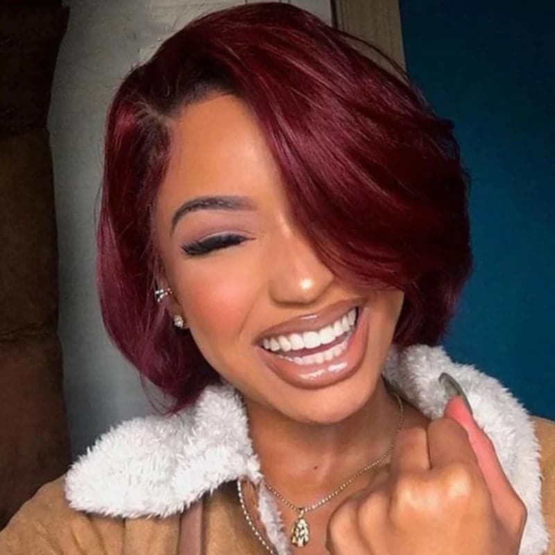 1B/99J 13x1 T Lace Side Part Straight Short Pixie Cut Bob Wigs For Women