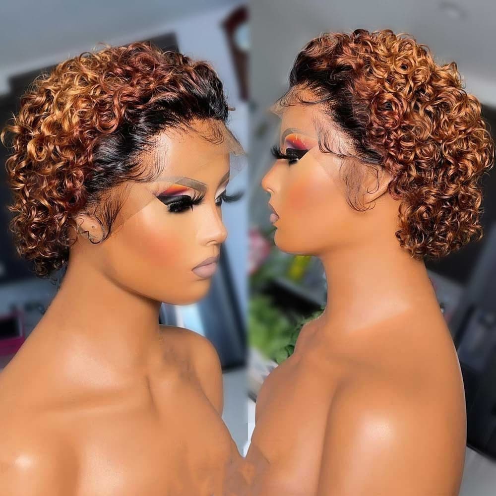 1B/33 Color Short Curly Bob Pixie Cut Wigs 13×1 Lace Frontal Virgin Human Hair