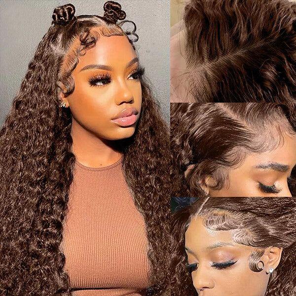 Chocolate Brown Deep Wave HD Lace Front Human Hair Wigs For Black Women