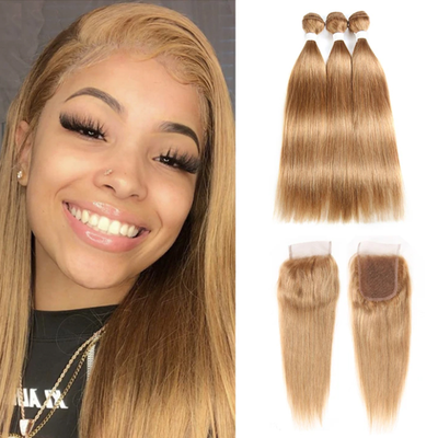lumiere #27 light Brown Straight Hair 3 Bundles With Closure 4x4 pre Colored 100% virgin human hair - Lumiere hair
