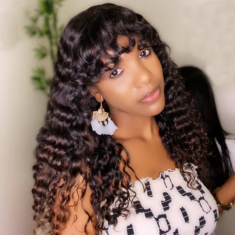 Deep Wave Full Machine Made None Lace Human Hair Wigs With Bangs 8-24 inches Human Hair