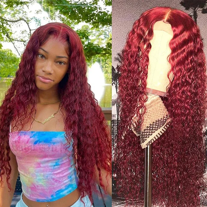 #Burg Deep Wave 4x4/5x5/13x4 Lace Closure/Frontal 150%/180% Density Wigs For Women