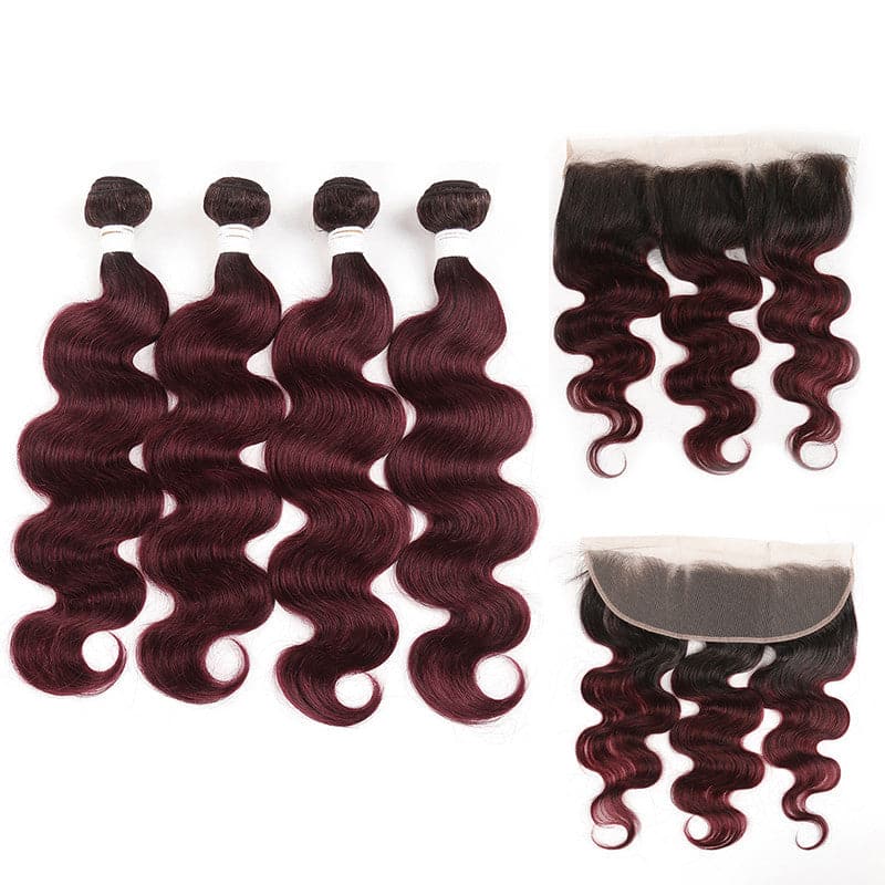lumiere 1B/99J Ombre Body Wave 4 Bundles With 13x4 Lace Frontal Pre Colored Ear To Ear