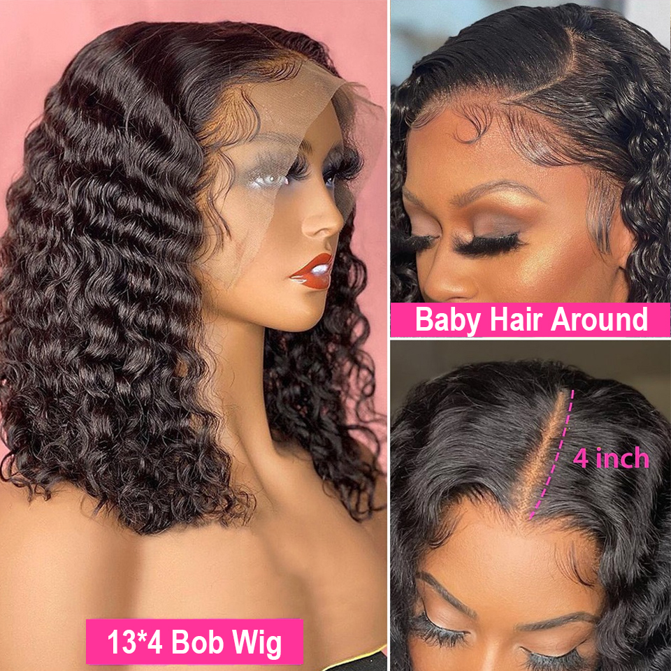 Peruca de cabelo humano curto onda profunda Bob 13x4 com frente de renda PrePluck com cabelo de bebê para mulheres 