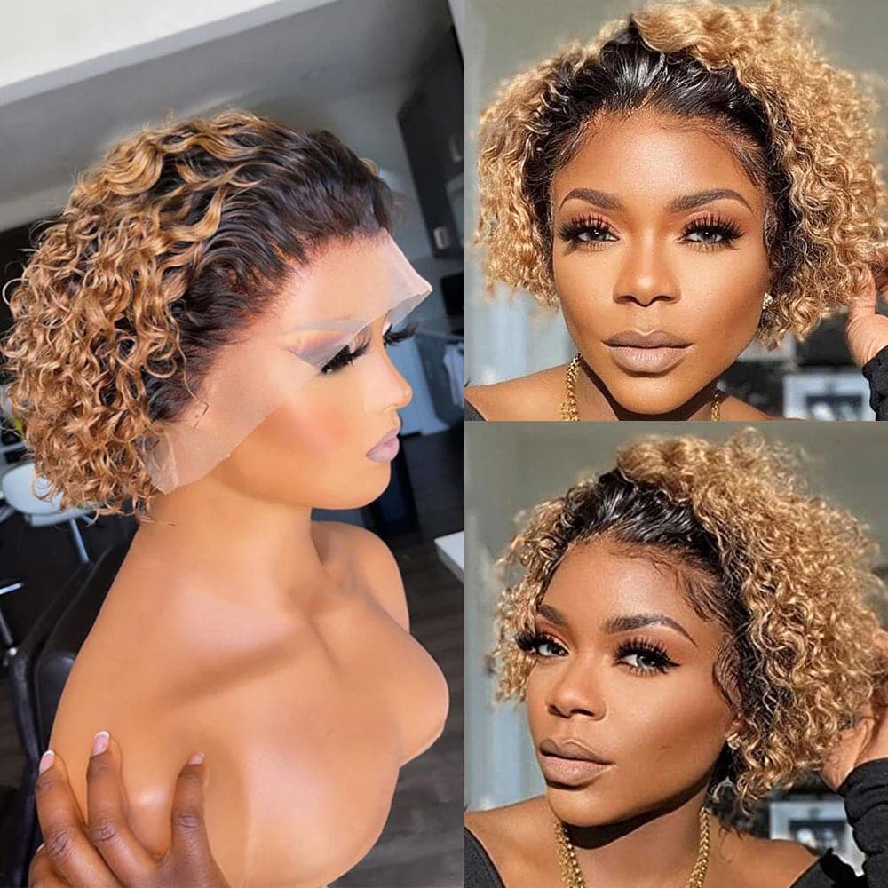 1b/27 Short Curly Pixie Cut Wigs Human Hair 13X1 Transparent Lace Frontal Wig For Women Natural Hairline curly Cheap Bob Front Wig