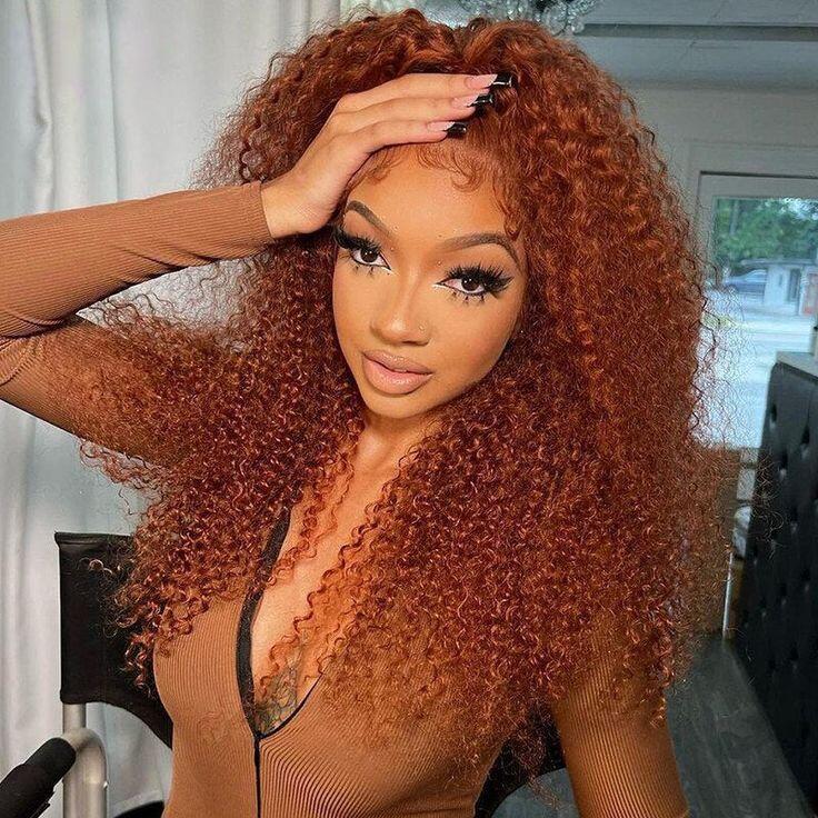 #350 Ginger Color Kinky Curly Hair Lace Front Wig pour femme 