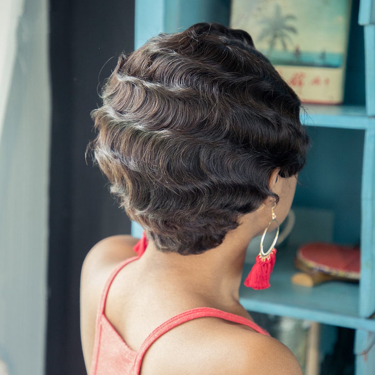 Pixie Cut Finger Wave Short Bob Full Machine Aucun Lace Front Perruques 100% Cheveux Humains Goodcang 
