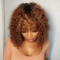 Caramel 1B/30 Kinky Curly Short Bob Wig With Bangs None Lace Machine Human Hair Wigs