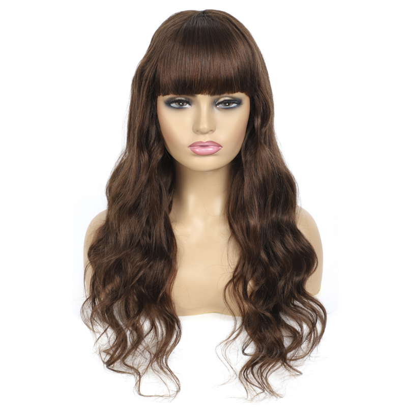 #4 Brown Body Wave Full Machine Made None Lace Virgin Human Hair Wigs With Bangs