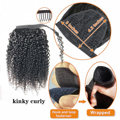 Kinky Curly Wrap Around Ponytail Extensions de cheveux humains Postiche de couleur naturelle 