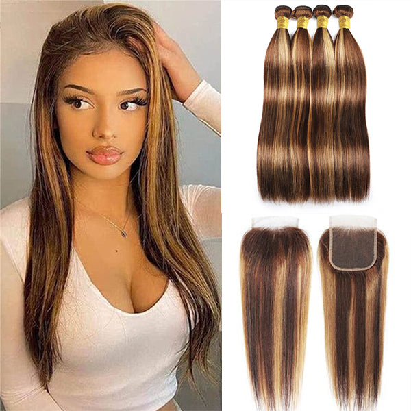 P4/27 Highlight Straight Hair 4 Bundles With 4x4 Lace Closure