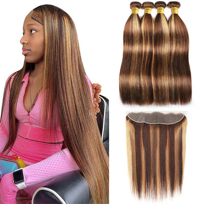 Highlight P4/27 Straight 4 Bundles With 13X4 Lace Frontal Peruvian Hair