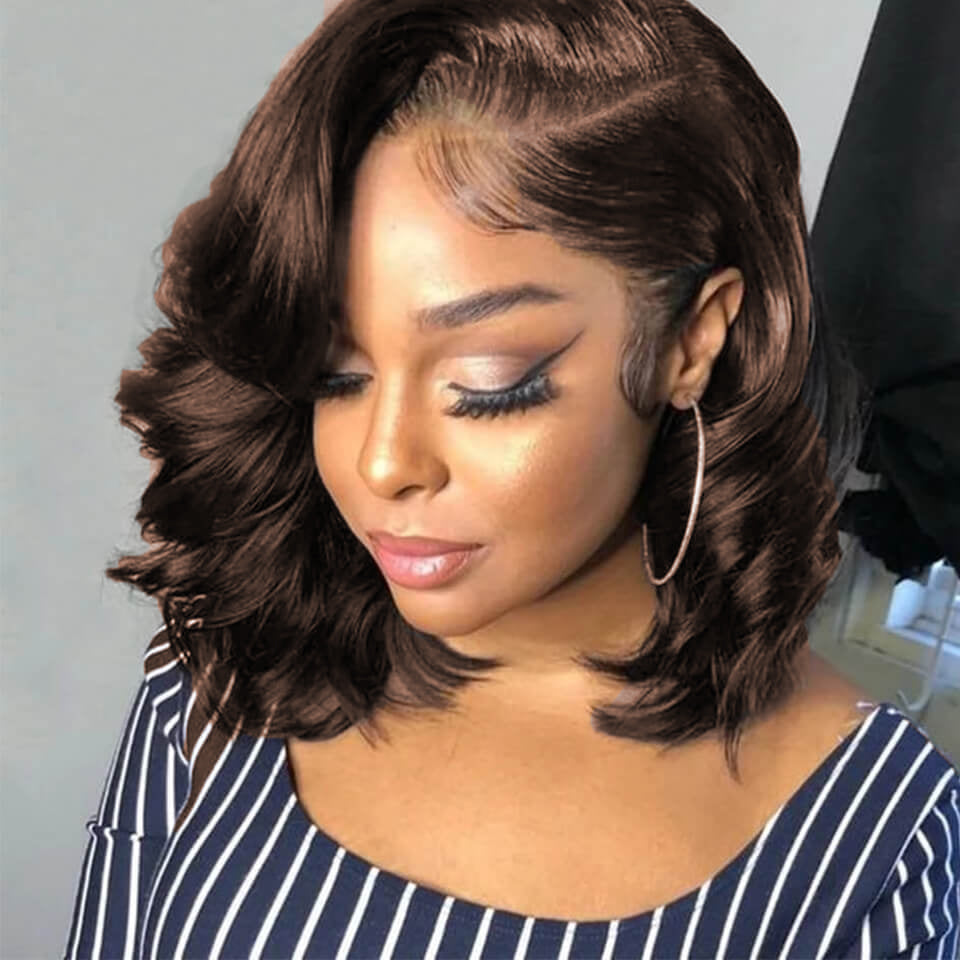 Chocolate Brown/Natural Black Body Wave Short Bob Lace Frontal Wigs Pre Plucked