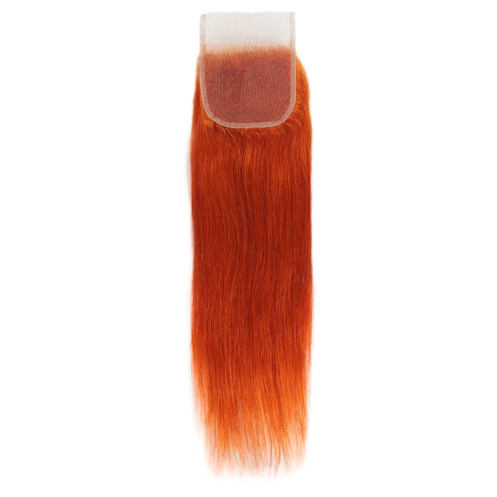 #350 Ginger Orange 4x4 Closure Brazilian Straight Human Hair  Orange Colored