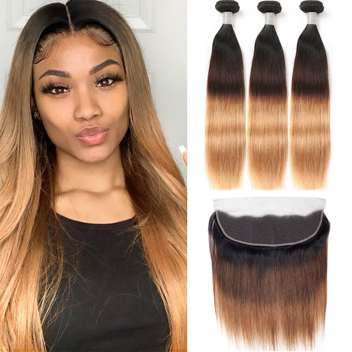 1B/4/27 Ombre Straight 3 Bundle avec 13X4 Lace Frontal 100% Human Hair In Extensions 
