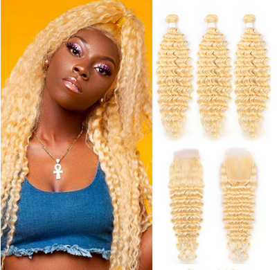 613 Blonde deep Wave 3 Bundles with 4x4 closure with HD transparent lace human hair