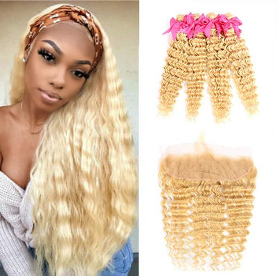613 Blonde Deep Wave 4 Bundles with 13x4 Frontal with transparent lace