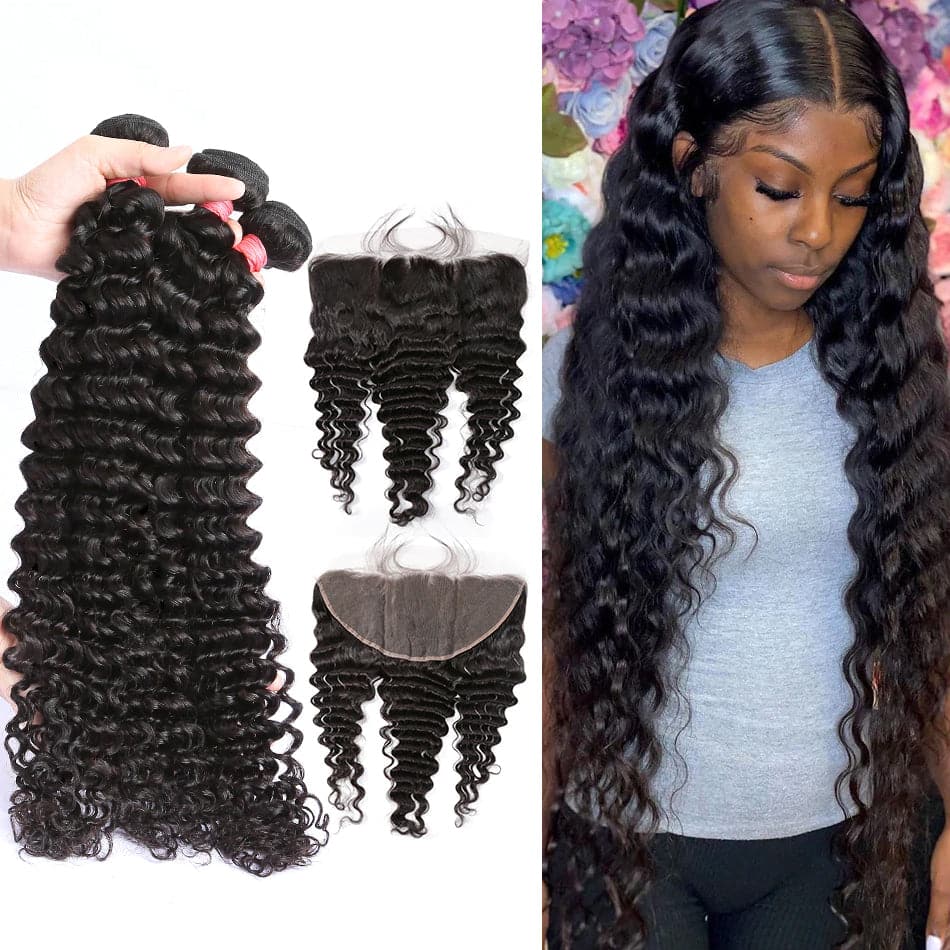 lumiere hair Indian Virgin Hair Deep Wave 3 Bundles with 13*4 Lace Frontal - Lumiere hair