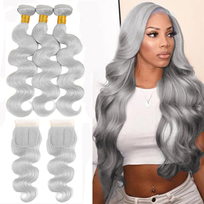 Silver Grey Body Wave 3 Bundles With 4x4 Lace Closure Remy Brazilian Human Hair Extension