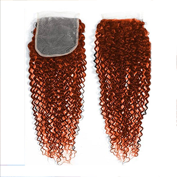 350 Ginger Orange Kinky Curly 4x4 Closure Brazilian 100%  Human Hair  Extensions