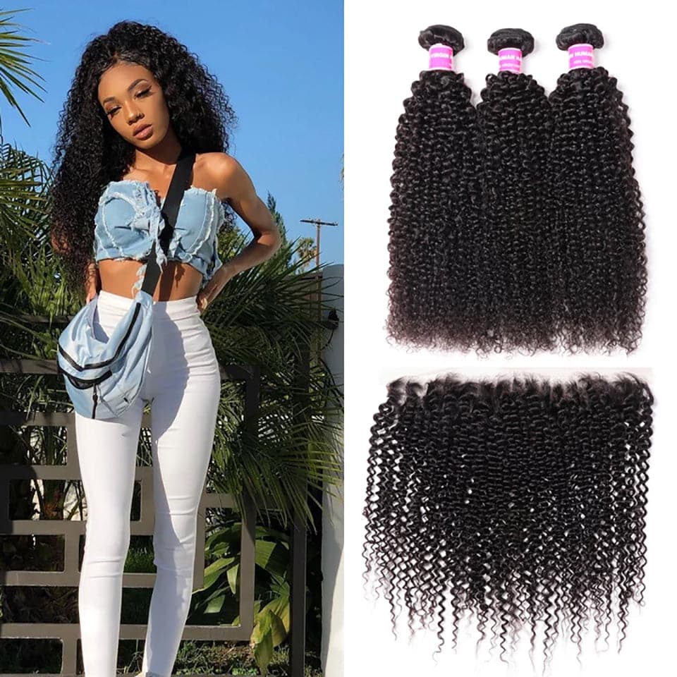 lumiere Malaysian Virgin Hair Kinky Curly 3 Bundles with 13*4 Lace Frontal
