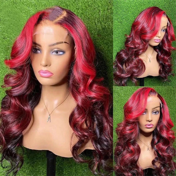 Highlight Ombre Red Body Wave HD Lace Front Wig Brazilian Wigs 
