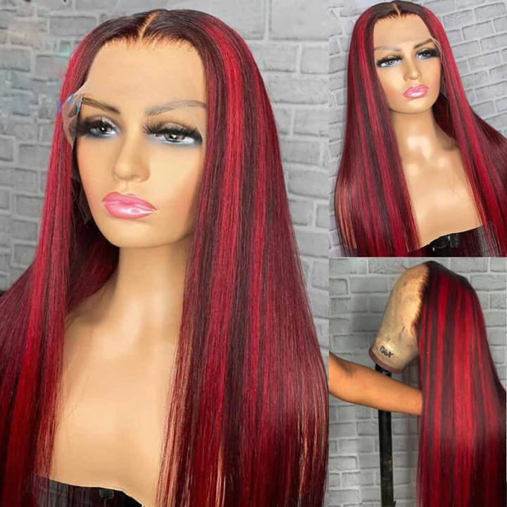 Ombre Red Highlight Colored Straight HD Lace Front Wigs With Pre Plucked Hairline