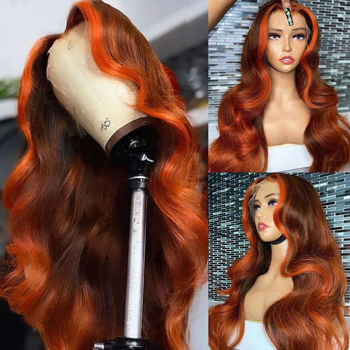 Mettez en surbrillance Ombre Orange Couleur Body Wave 13X4/4x4 Lace Front Wig 