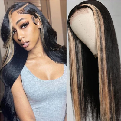 Straight Blond & Black Highlighgt Wig for Women 13x4/4x4 HD Lace Front Skunk Stripe Wigs Color