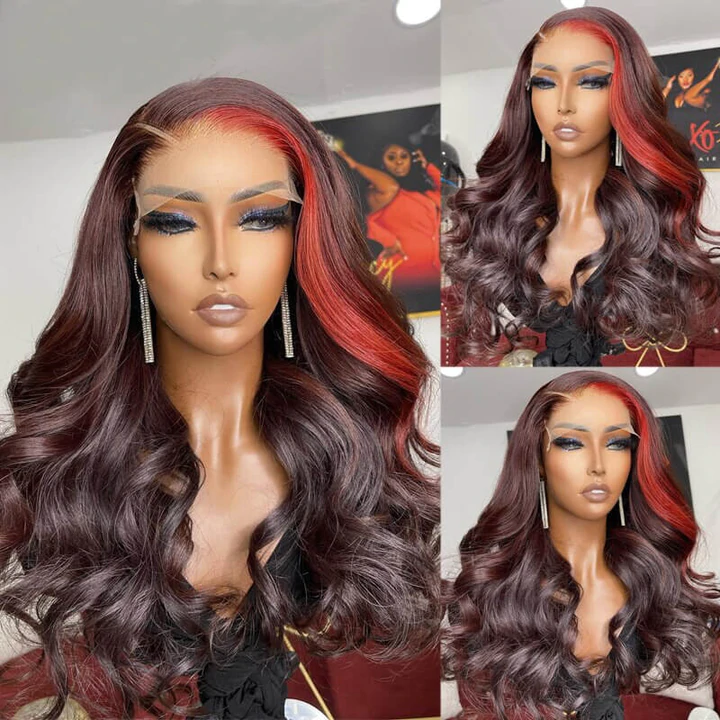 Red & Brown Ombre Skunk Stripe Body Wave 13X4/4x4 Lace Front Wig