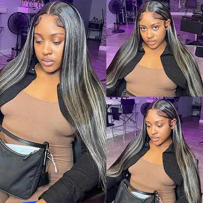 Salt And Pepper Black & Grey Highlight Straight 13x4/4x4 HD Lace Frontal Wig