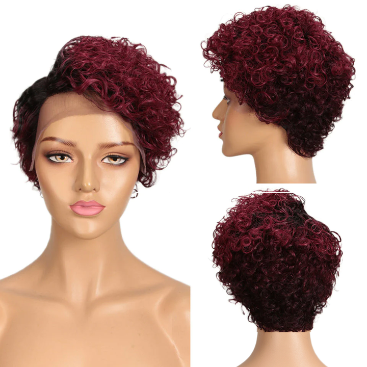 Cheveux bouclés Ombre couleur T/99J courte perruque coupe Pixie ou femmes noires 13x4x1 partie latérale perruques 